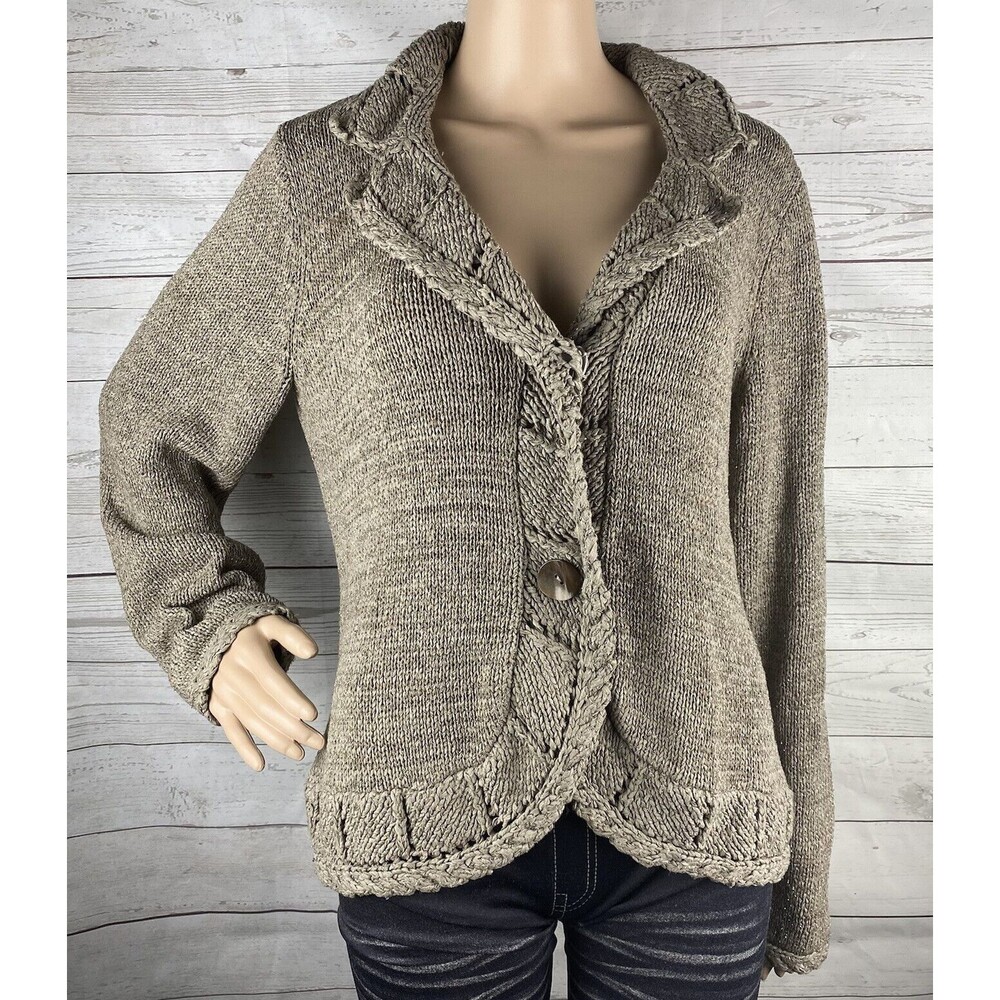 Chico's Size 1 Cardigan Sweater Brown Gold Metallic Glitter